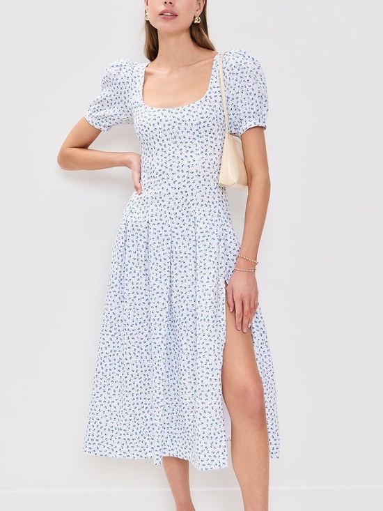 Reformation Dresses & Skirts - Reformation Coucou Linen Dress in Hanna Midi Puff Sleeve White Blue Floral 10